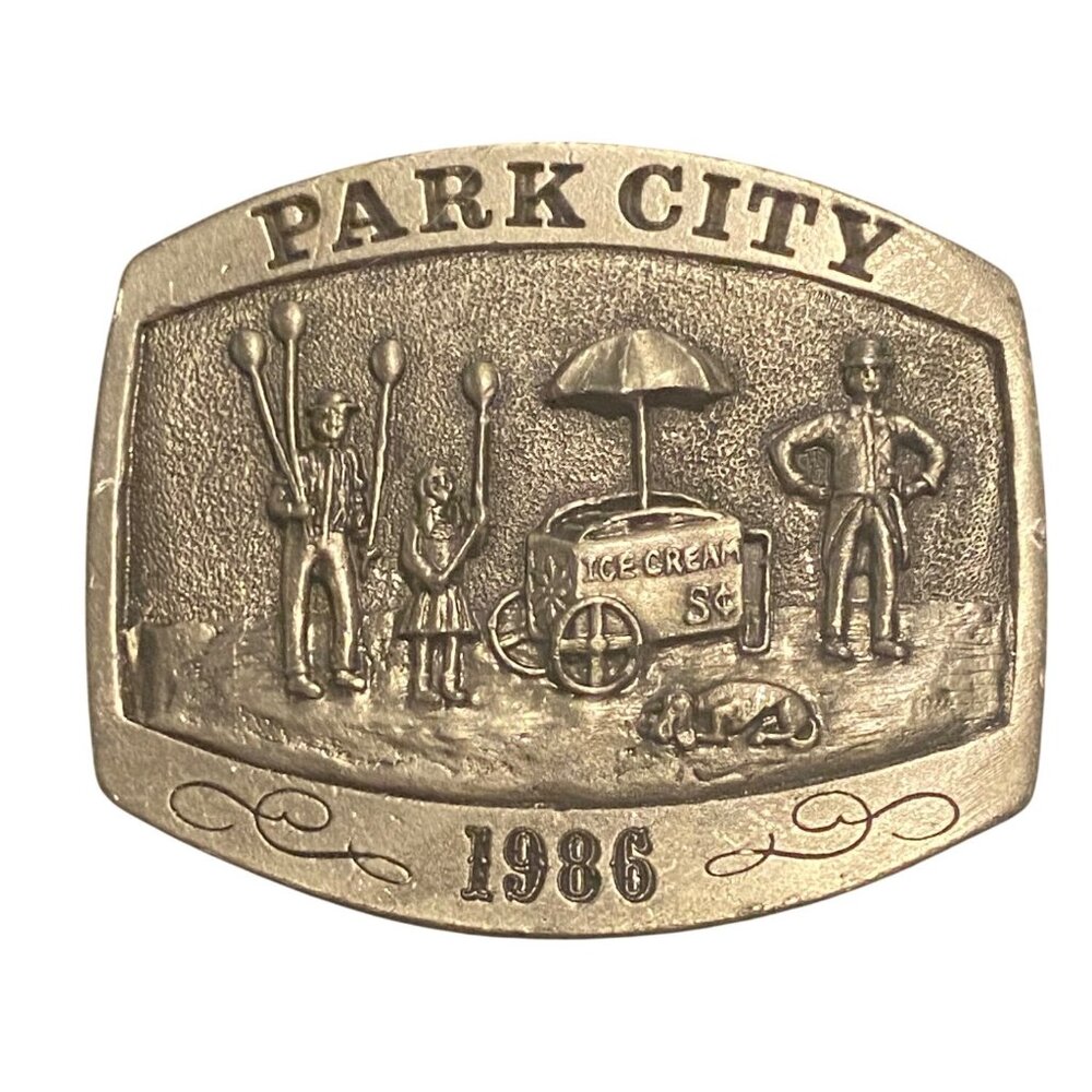 Vintage 1986 Park City Michael Ricker Belt Buckle Ice Cream Cart Limited Edition
